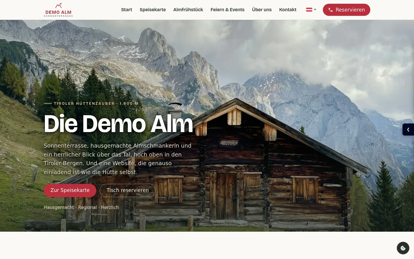 Startseite von demo.kaino.at: die Demo Alm mit Foto der Holzhütte in den Bergen