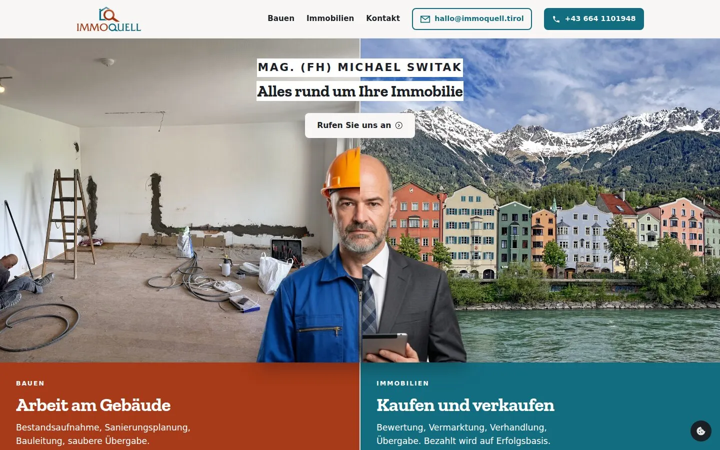 Startseite von immoquell.tirol: geteiltes Titelbild mit Baustelle, Innsbrucker Häuserzeile und dem Inhaber halb in Arbeitskleidung, halb im Anzug