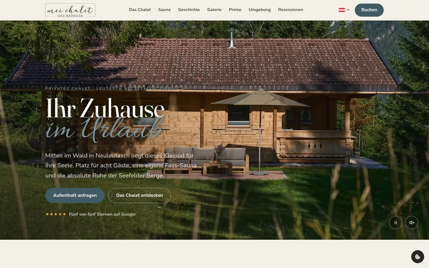 Startseite von meichalet-dasbarbara.at mit großem Foto des Chalets