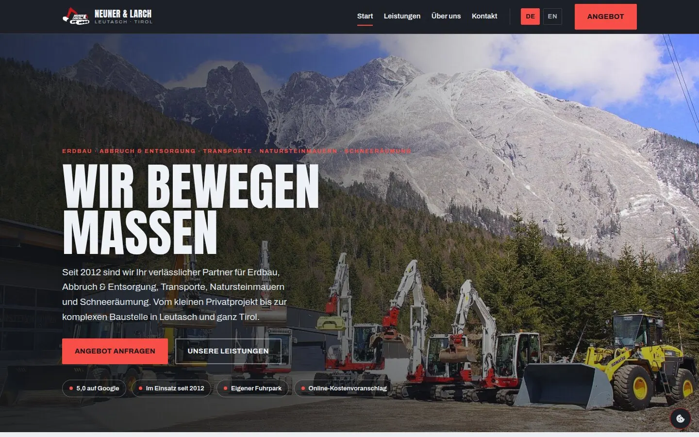 Home page of neuner-larch.at: the company’s excavators and wheel loader in front of the Wetterstein mountains, with the headline “Wir bewegen Massen”